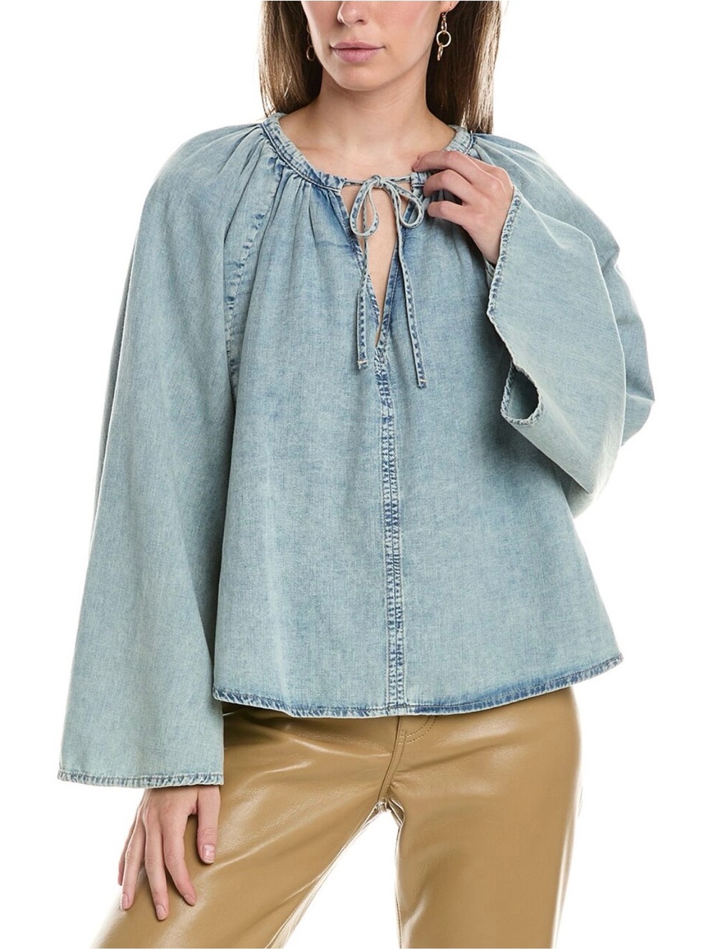 NWT ($400 Retail) Frame Denim Light Blue Tie-Neck Denim Peasant Top